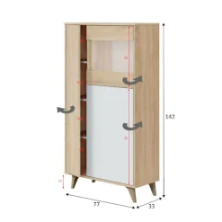 Vitrine Daceved, Vitrine avec 3 portes, Buffet pour salon ou salon, Buffet haut avec Etageres, 77x33h142 cm, Chêne et Blanc