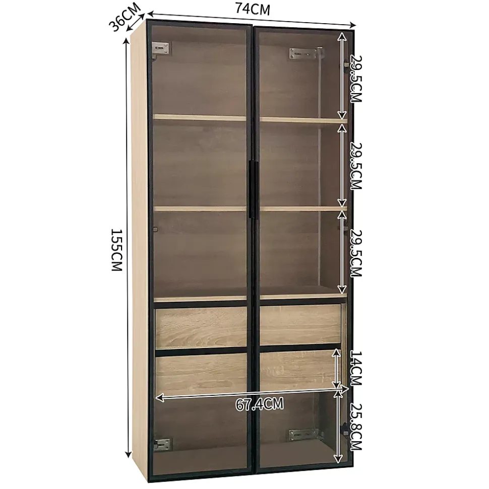 Vitrine de Salle de Bain avec Éclairage LED, 2 Portes Vitrées et 2 Tiroirs, Meuble de Rangement en MDF, 74 x 36 x 155 cm - Naturel