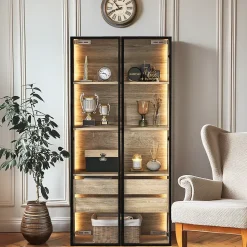 Vitrine de Salle de Bain avec Éclairage LED, 2 Portes Vitrées et 2 Tiroirs, Meuble de Rangement en MDF, 74 x 36 x 155 cm - Naturel
