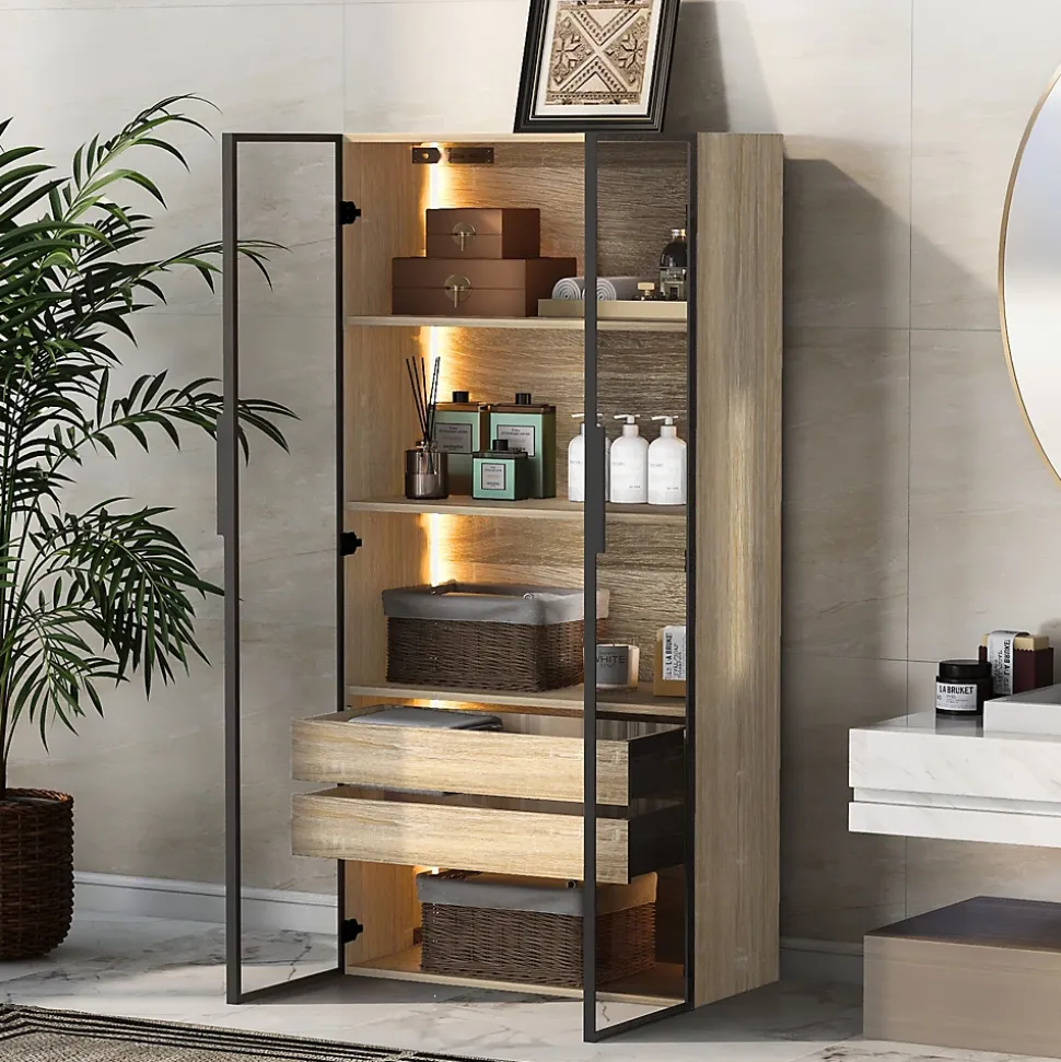 Vitrine de Salle de Bain avec Éclairage LED, 2 Portes Vitrées et 2 Tiroirs, Meuble de Rangement en MDF, 74 x 36 x 155 cm - Naturel