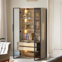 Vitrine de Salle de Bain avec Éclairage LED, 2 Portes Vitrées et 2 Tiroirs, Meuble de Rangement en MDF, 74 x 36 x 155 cm - Naturel