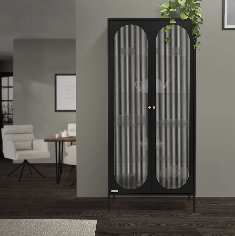 Vitrine de Salon 80x175x40 cm, Noir, Armoire avec 5 Compartiments de Rangement/Étagères et 2 Porte
