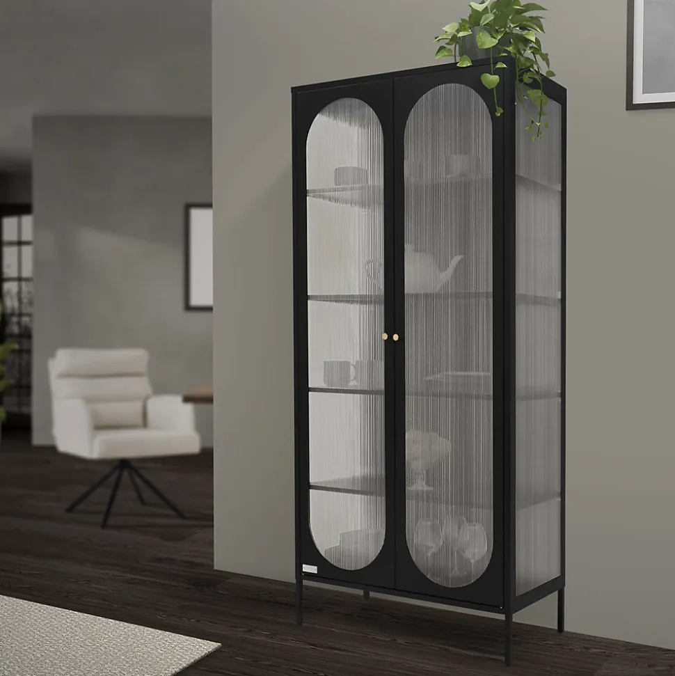 Vitrine de Salon 80x175x40 cm, Noir, Armoire avec 5 Compartiments de Rangement/Étagères et 2 Porte