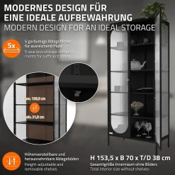 Vitrine de Salon 80x175x40 cm, Noir, Armoire avec 5 Compartiments de Rangement/Étagères et 2 Porte