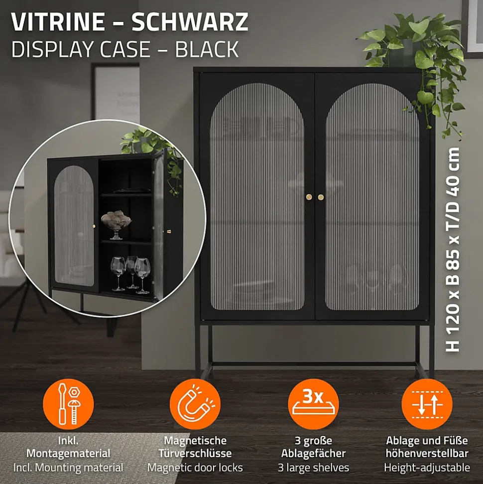 Vitrine de Salon 85x120x40 cm, Noir, Armoire avec 3 Compartiments de Rangement/Étagères et 2 Portes
