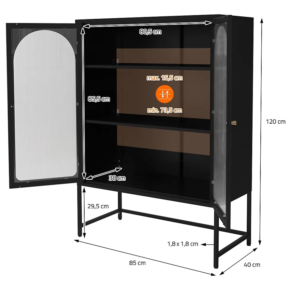 Vitrine de Salon 85x120x40 cm, Noir, Armoire avec 3 Compartiments de Rangement/Étagères et 2 Portes