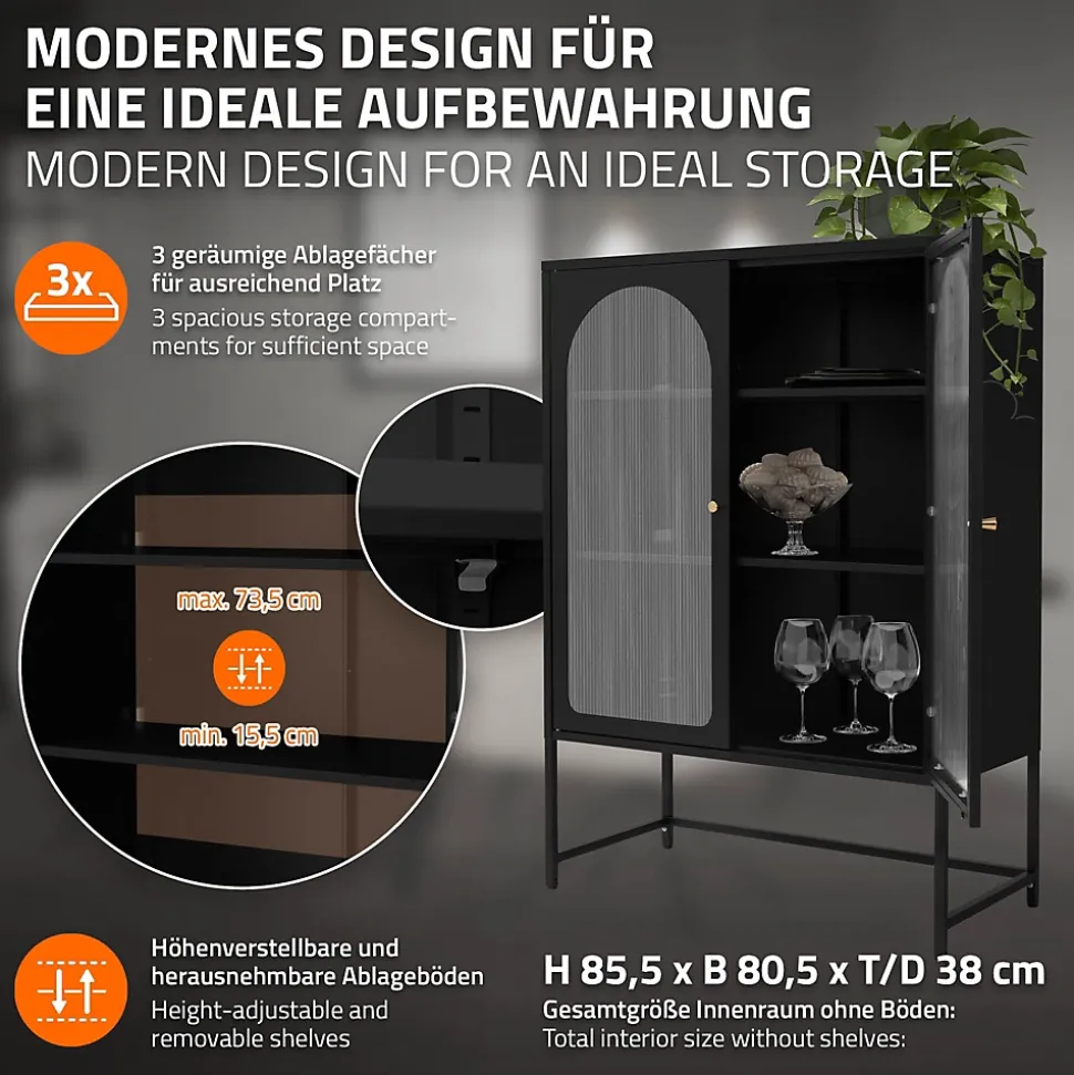 Vitrine de Salon 85x120x40 cm, Noir, Armoire avec 3 Compartiments de Rangement/Étagères et 2 Portes