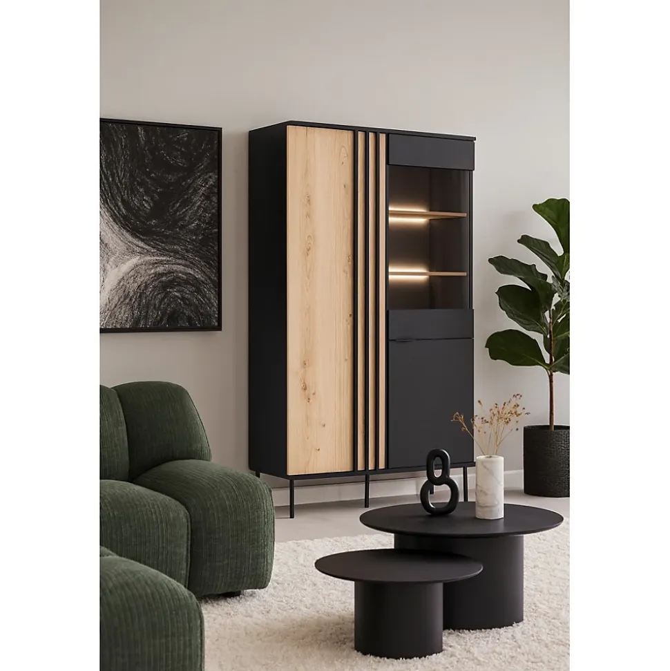 Vitrine design IZO 2 portes Noir onyx & Chene clair 110x195x40 cm