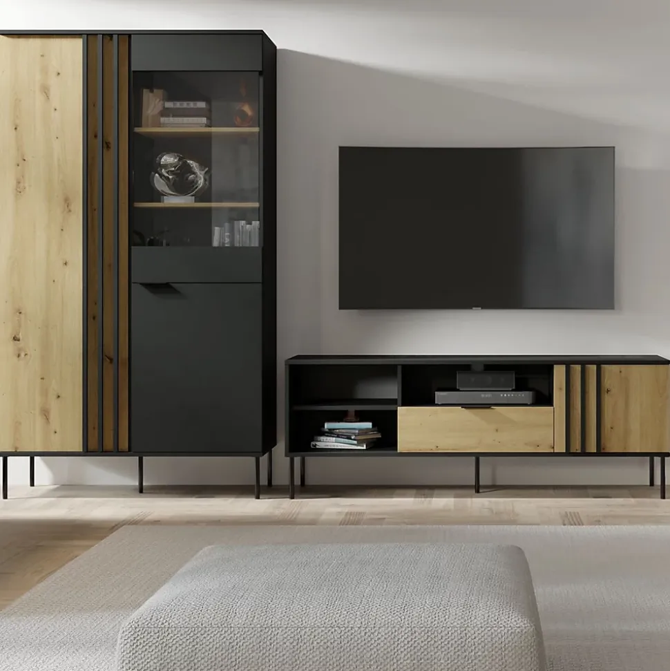 Vitrine design IZO 2 portes Noir onyx & Chene clair 110x195x40 cm