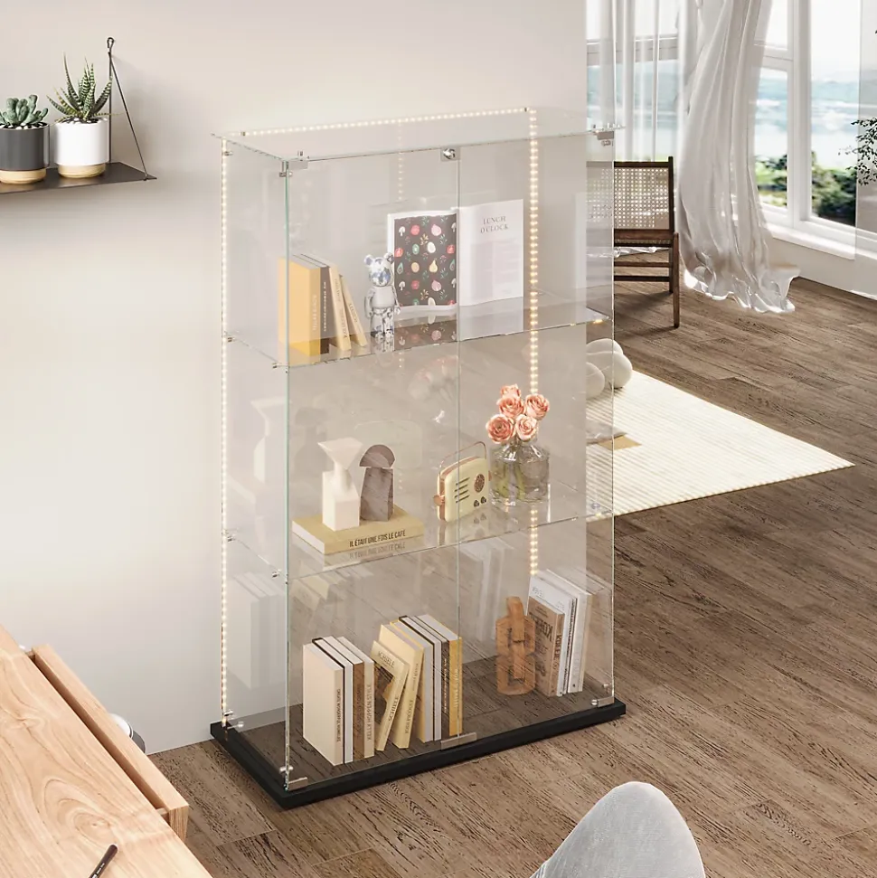 Vitrine d'exposition à 3 niveaux avec double porte en verre trempé, fond noir et éclairage LED intégré, Armoire vitrée moderne