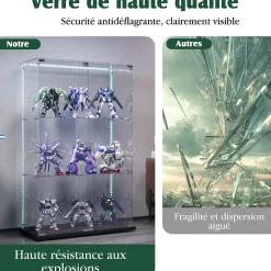 Vitrine d'exposition à 3 niveaux avec double porte en verre trempé, fond noir et éclairage LED intégré, Armoire vitrée moderne