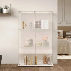 Vitrine d'exposition à 3 niveaux avec double porte en verre trempé, fond blanc et éclairage LED intégré, Armoire vitrée moderne