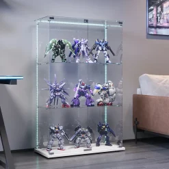 Vitrine d'exposition à 3 niveaux avec double porte en verre trempé, fond blanc et éclairage LED intégré, Armoire vitrée moderne
