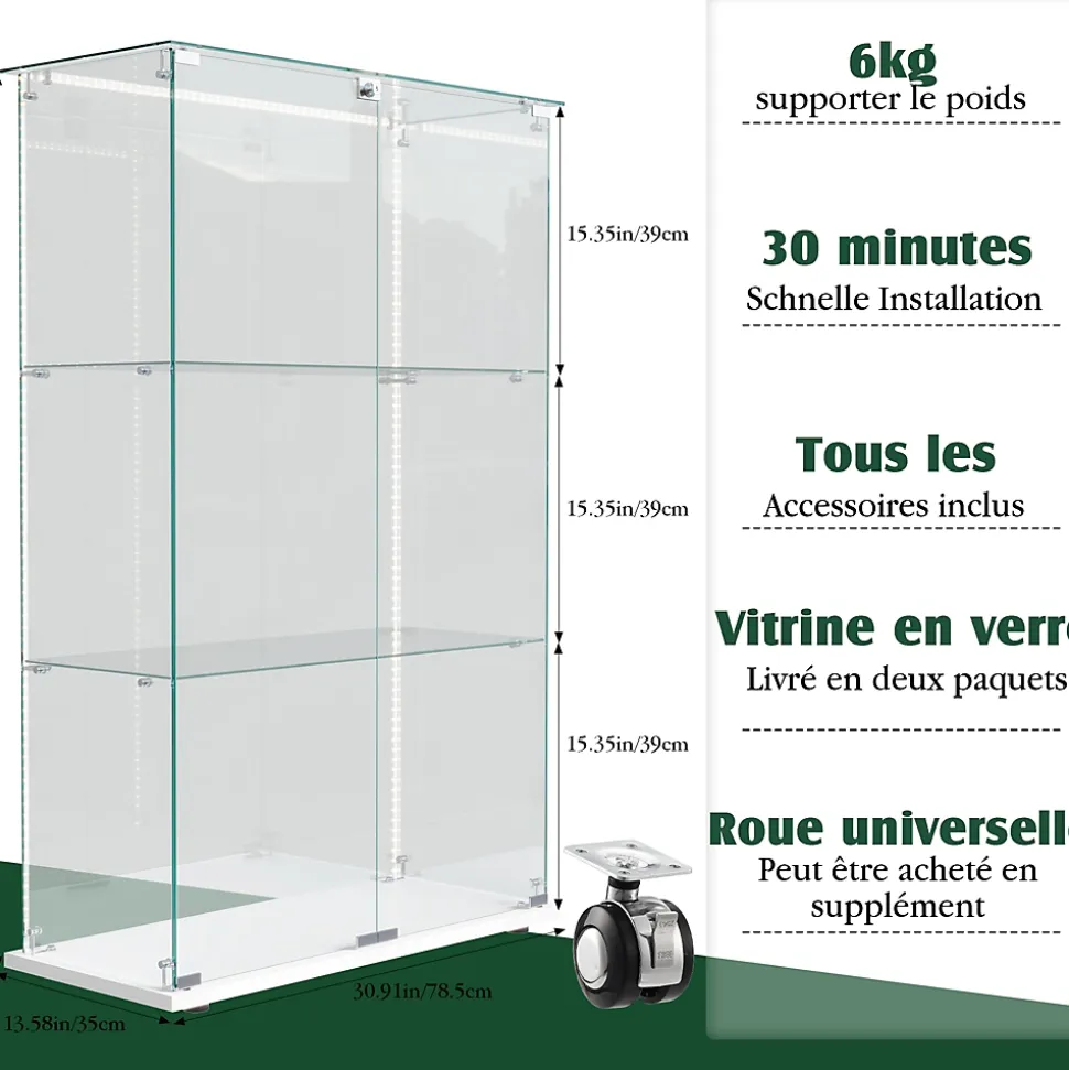 Vitrine d'exposition à 3 niveaux avec double porte en verre trempé, fond blanc et éclairage LED intégré, Armoire vitrée moderne