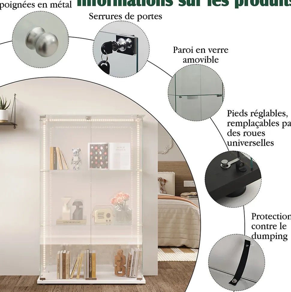 Vitrine d'exposition à 3 niveaux avec double porte en verre trempé, fond blanc et éclairage LED intégré, Armoire vitrée moderne