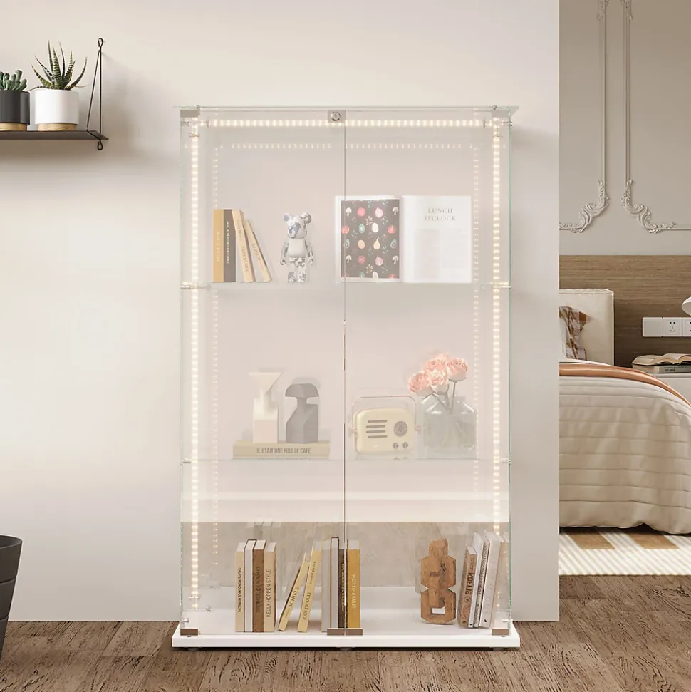 Vitrine d'exposition à 3 niveaux avec double porte en verre trempé, fond blanc et éclairage LED intégré, Armoire vitrée moderne