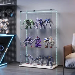 Vitrine d'exposition à 3 niveaux avec double porte en verre trempé, fond blanc et éclairage LED intégré, Armoire vitrée moderne