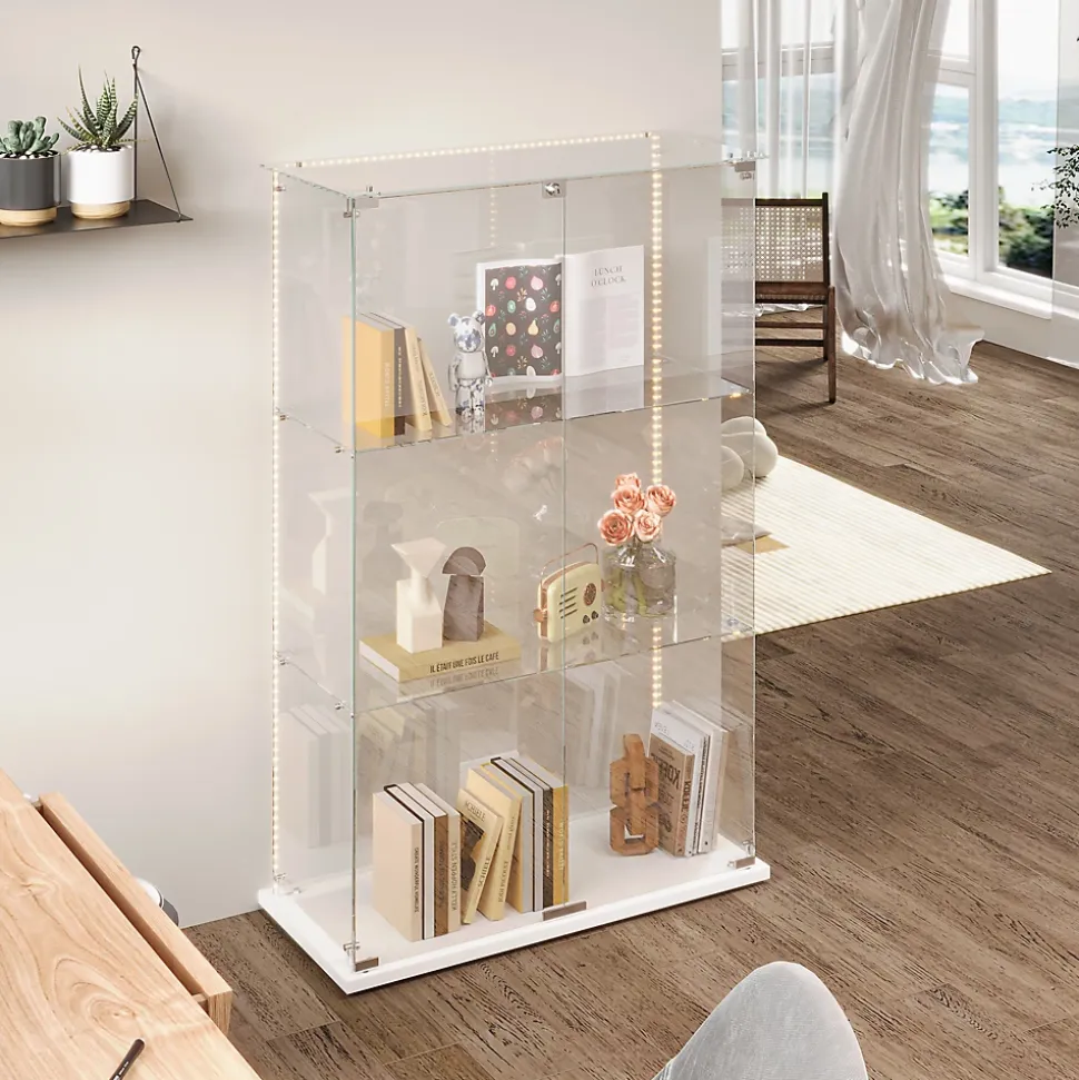 Vitrine d'exposition à 3 niveaux avec double porte en verre trempé, fond blanc et éclairage LED intégré, Armoire vitrée moderne