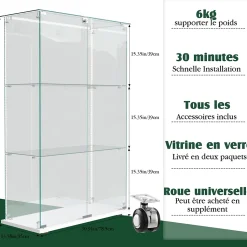 Vitrine d'exposition à 3 niveaux avec double porte en verre trempé, fond blanc et éclairage LED intégré, Armoire vitrée moderne
