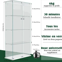 Vitrine d'exposition à double porte 4 niveaux avec LED intégrée, fond blanc, verre trempé transparent, Design moderne et lumineux