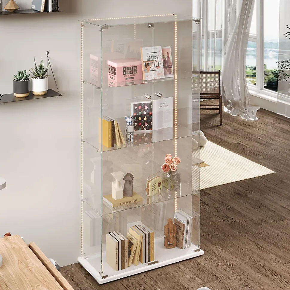 Vitrine d'exposition à double porte 4 niveaux avec LED intégrée, fond blanc, verre trempé transparent, Design moderne et lumineux