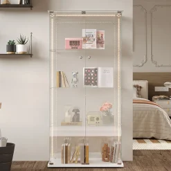 Vitrine d'exposition à double porte 4 niveaux avec LED intégrée, fond blanc, verre trempé transparent, Design moderne et lumineux