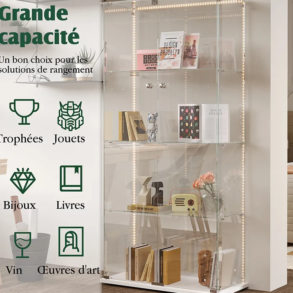 Vitrine d'exposition à double porte 4 niveaux avec LED intégrée, fond blanc, verre trempé transparent, Design moderne et lumineux