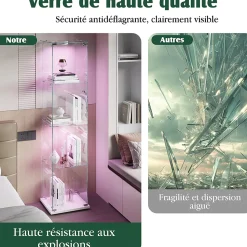 Vitrine d'exposition 4 niveaux avec éclairage LED tactile, verre trempé, étagères blanches, design moderne et compact, Blanc