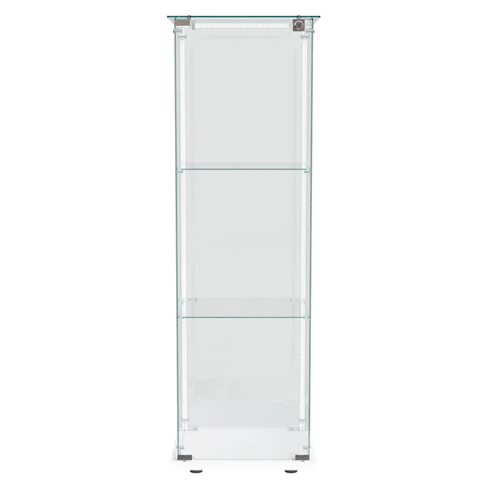 Vitrine d'exposition 3 niveaux avec porte simple et éclairage LED intégré, verre trempé, étagères blanches, design moderne, Blanc