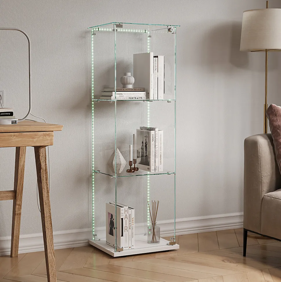 Vitrine d'exposition 3 niveaux avec porte simple et éclairage LED intégré, verre trempé, étagères blanches, design moderne, Blanc