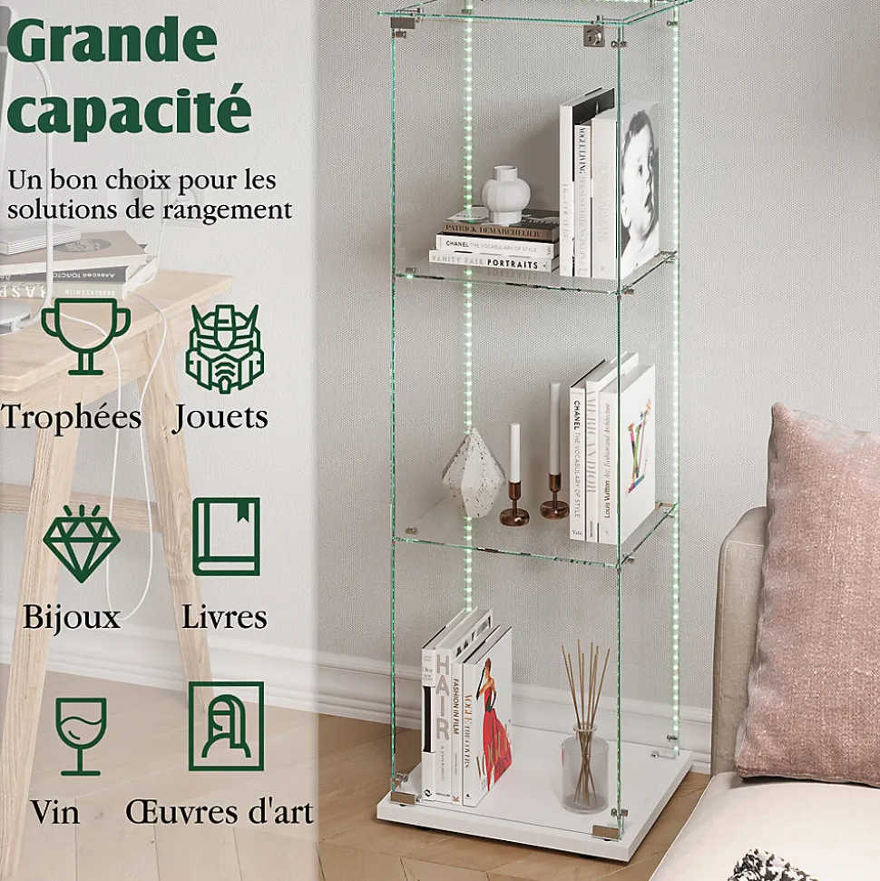 Vitrine d'exposition 3 niveaux avec porte simple et éclairage LED intégré, verre trempé, étagères blanches, design moderne, Blanc