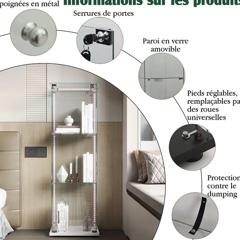 Vitrine d'exposition 3 niveaux avec porte simple et éclairage LED intégré, verre trempé, étagères blanches, design moderne, Blanc