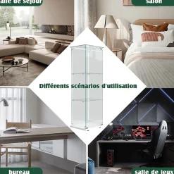 Vitrine d'exposition 3 niveaux avec porte simple et éclairage LED intégré, verre trempé, étagères blanches, design moderne, Blanc