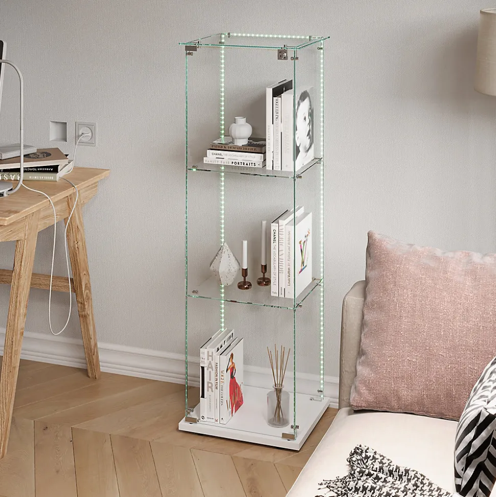Vitrine d'exposition 3 niveaux avec porte simple et éclairage LED intégré, verre trempé, étagères blanches, design moderne, Blanc