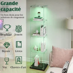 Vitrine d'exposition 4 niveaux avec éclairage LED tactile, verre trempé, étagères noires, design moderne et compact, Noir