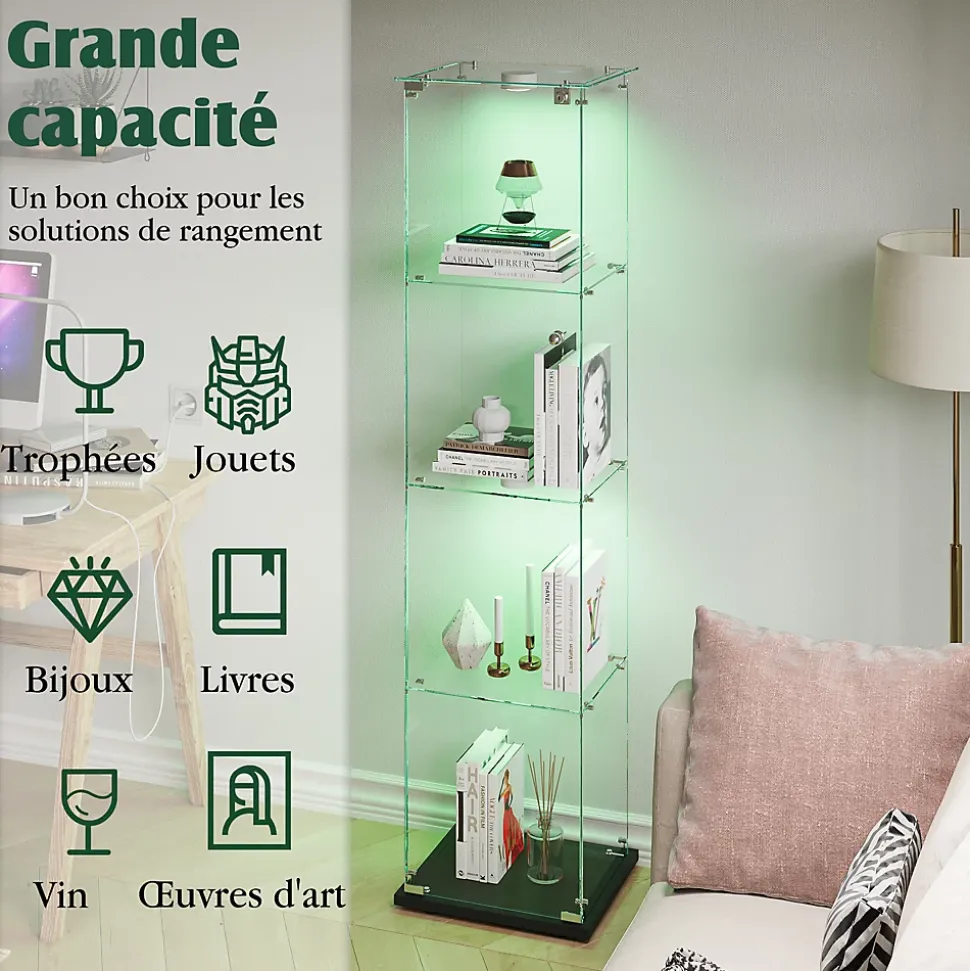 Vitrine d'exposition 4 niveaux avec éclairage LED tactile, verre trempé, étagères noires, design moderne et compact, Noir