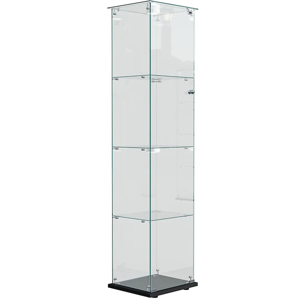 Vitrine d'exposition 4 niveaux avec éclairage LED tactile, verre trempé, étagères noires, design moderne et compact, Noir
