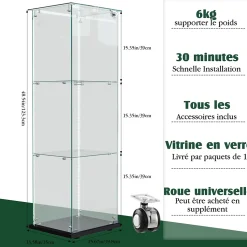 Vitrine d'exposition 3 niveaux avec porte simple et éclairage LED intégré, verre trempé, étagères noires, design moderne, Noir
