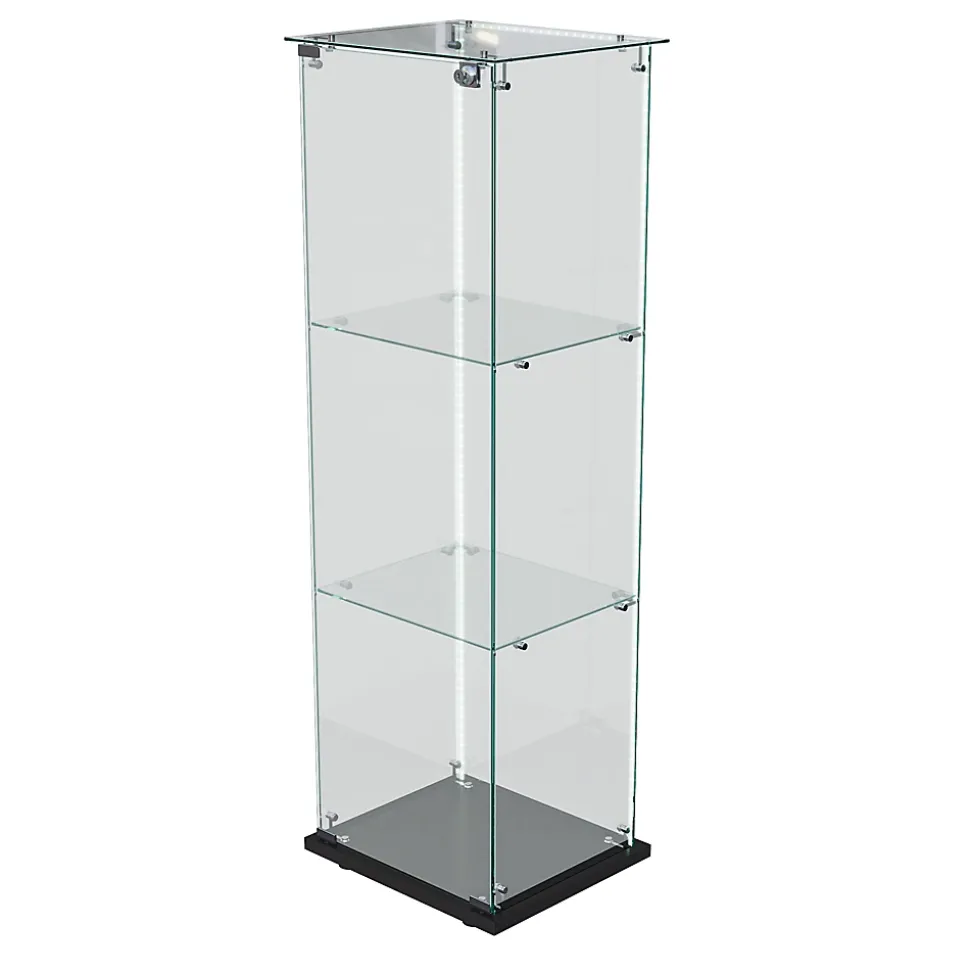 Vitrine d'exposition 3 niveaux avec porte simple et éclairage LED intégré, verre trempé, étagères noires, design moderne, Noir