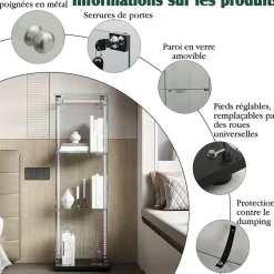 Vitrine d'exposition 3 niveaux avec porte simple et éclairage LED intégré, verre trempé, étagères noires, design moderne, Noir