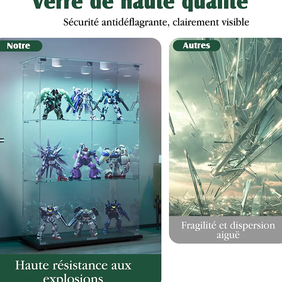 Vitrine d'exposition double porte 3 niveaux avec éclairage LED tactile, verre trempé, étagères noires, design moderne, Noir