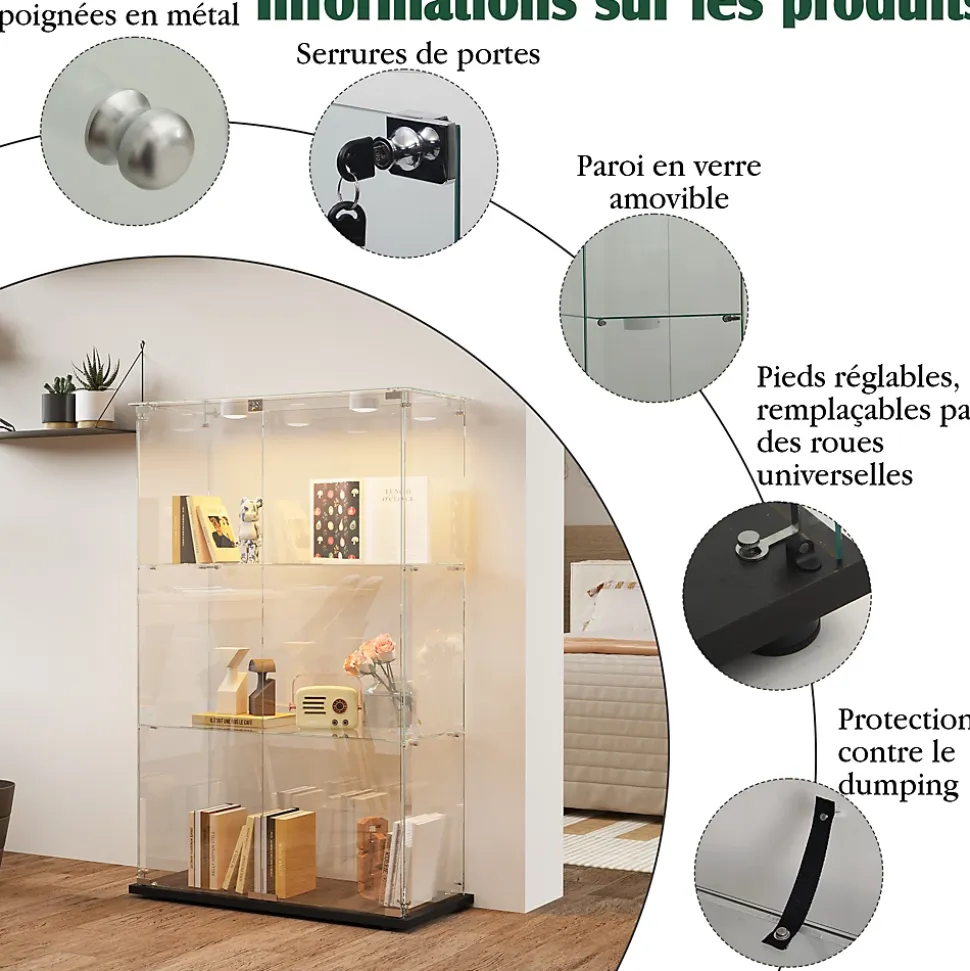 Vitrine d'exposition double porte 3 niveaux avec éclairage LED tactile, verre trempé, étagères noires, design moderne, Noir