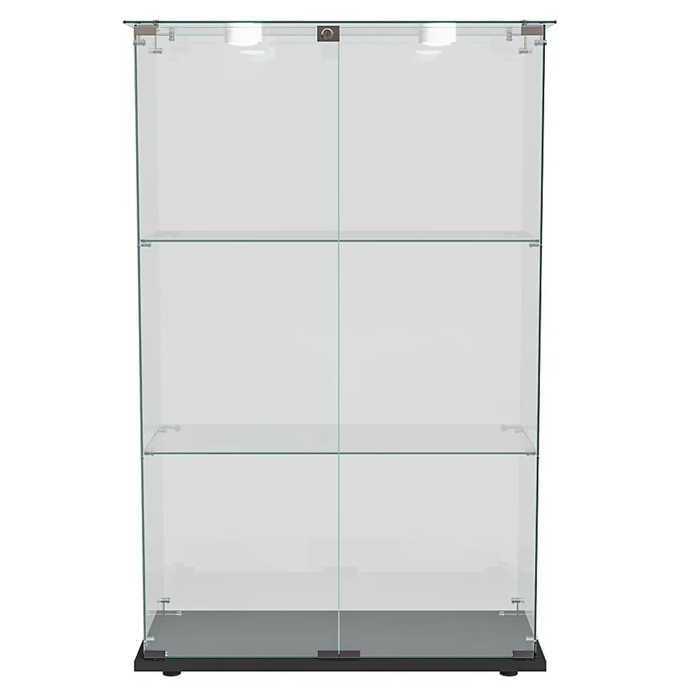 Vitrine d'exposition double porte 3 niveaux avec éclairage LED tactile, verre trempé, étagères noires, design moderne, Noir