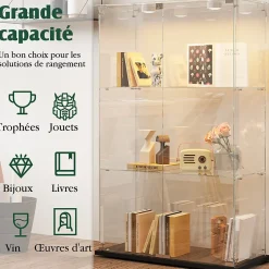 Vitrine d'exposition double porte 3 niveaux avec éclairage LED tactile, verre trempé, étagères noires, design moderne, Noir