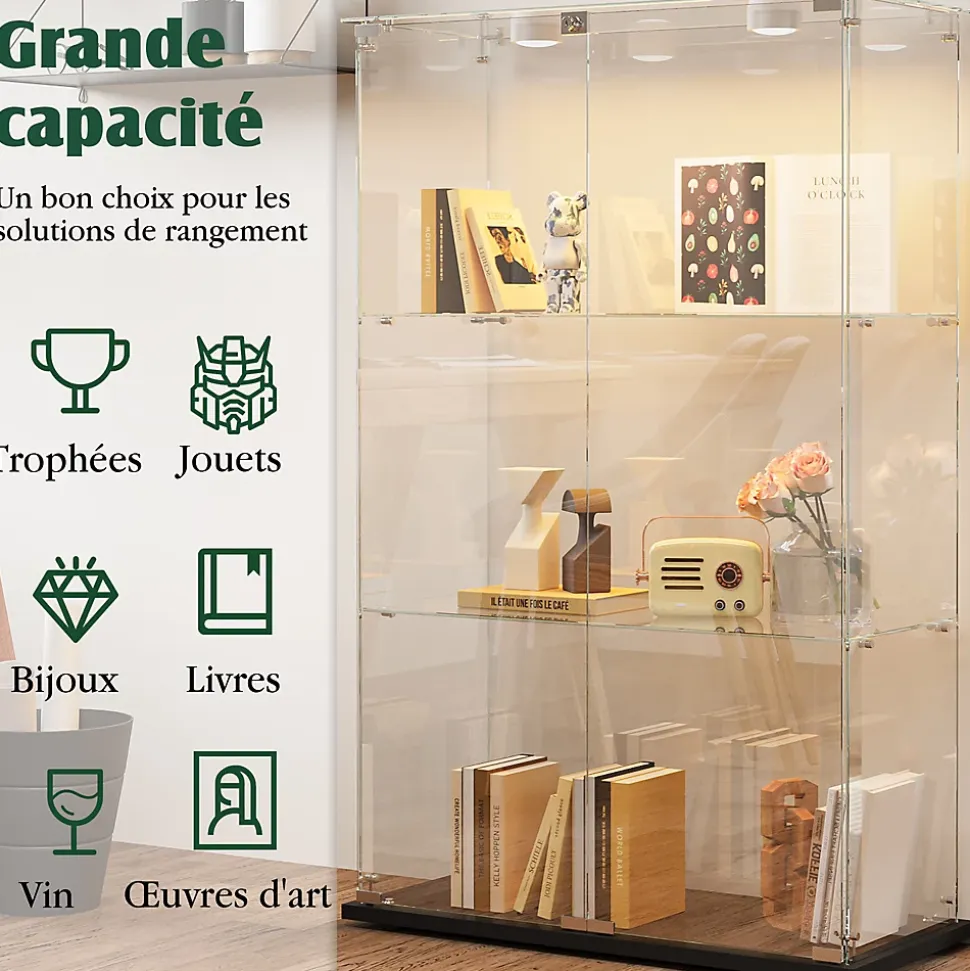 Vitrine d'exposition double porte 3 niveaux avec éclairage LED tactile, verre trempé, étagères noires, design moderne, Noir