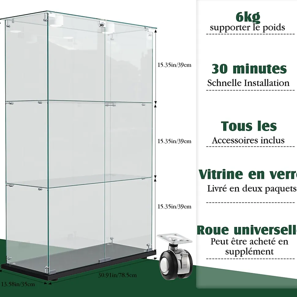Vitrine d'exposition double porte 3 niveaux avec éclairage LED tactile, verre trempé, étagères noires, design moderne, Noir