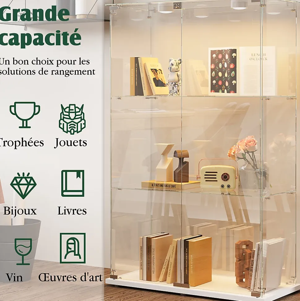 Vitrine d'exposition double porte 3 niveaux avec éclairage LED tactile, verre trempé, étagères blanches, design moderne, Blanc