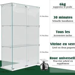 Vitrine d'exposition double porte 3 niveaux avec éclairage LED tactile, verre trempé, étagères blanches, design moderne, Blanc