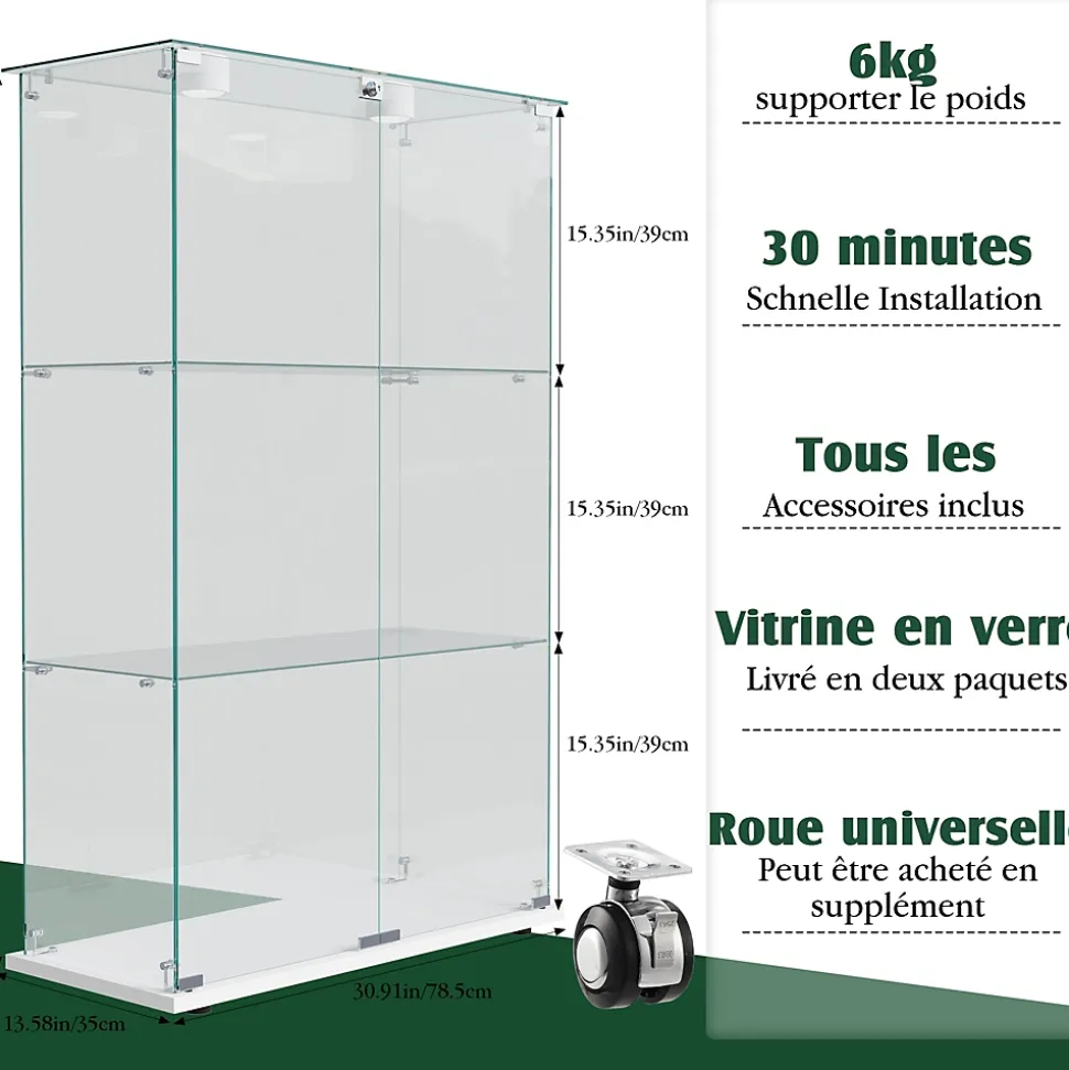 Vitrine d'exposition double porte 3 niveaux avec éclairage LED tactile, verre trempé, étagères blanches, design moderne, Blanc