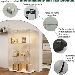 Vitrine d'exposition double porte 3 niveaux avec éclairage LED tactile, verre trempé, étagères blanches, design moderne, Blanc